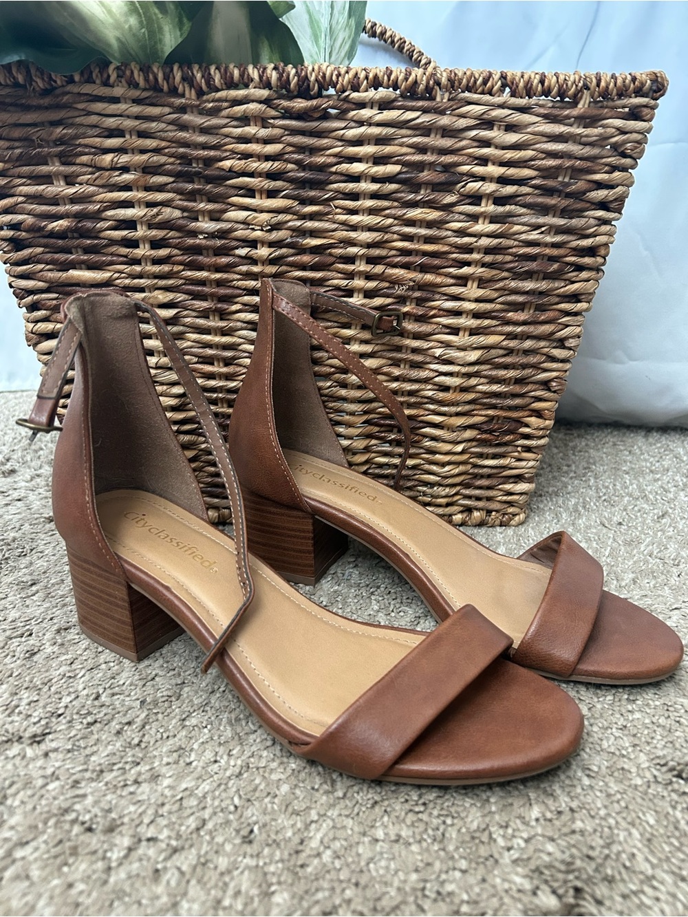 Cityclassified Cognac Brown Block Heel Ankle Strap Sandals